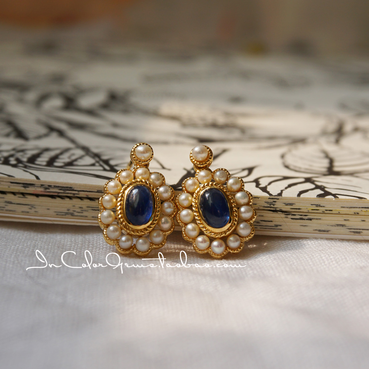 来自vintage/天然素面蓝宝石18k金配珍珠耳饰定制/InColor 彩定制