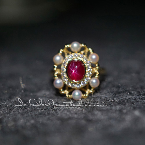 天然星光红宝石戒指k金珍珠定制