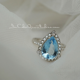 Victoria/天然海蓝宝石戒指 k金配珍珠 复古原创/InColor彩定制