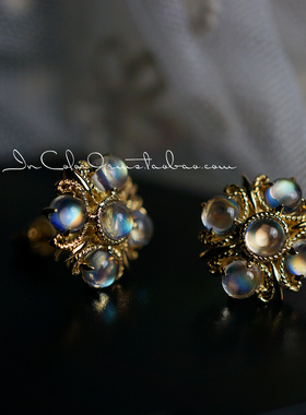 繁光II/天然月光石18k金耳钉 原创复古 鉴赏定制/InColor彩定制