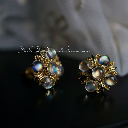 繁光II/天然月光石18k金耳钉 原创复古 鉴赏定制/InColor彩定制