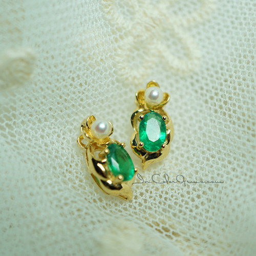 和叶/天然祖母绿珍珠18k金耳钉 自然原创 /InColor彩定制