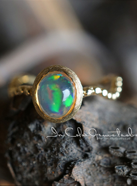 拉丝工艺/天然墨西哥欧泊 18k黄戒指 原创款/InColor彩定制