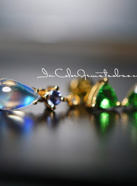 耳饰/天然玻璃体彩月光石沙弗莱石 18k金 原创款/InColor 彩定制