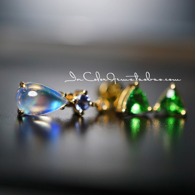 耳饰/天然玻璃体彩月光石沙弗莱石 18k金 原创款/InColor 彩定制