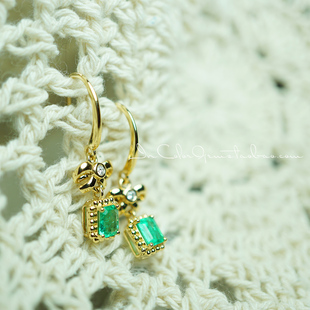 雅蝶/哥伦比亚祖母绿 k金配钻耳环 原创 定制鉴赏/InColor彩定制