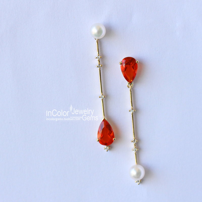 原创设计/墨西哥火欧泊刻面+Akoya珍珠 定制耳环/InColor彩定制