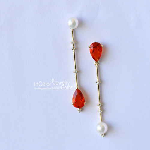 原创设计/墨西哥火欧泊刻面+Akoya珍珠 定制耳环/InColor彩定制