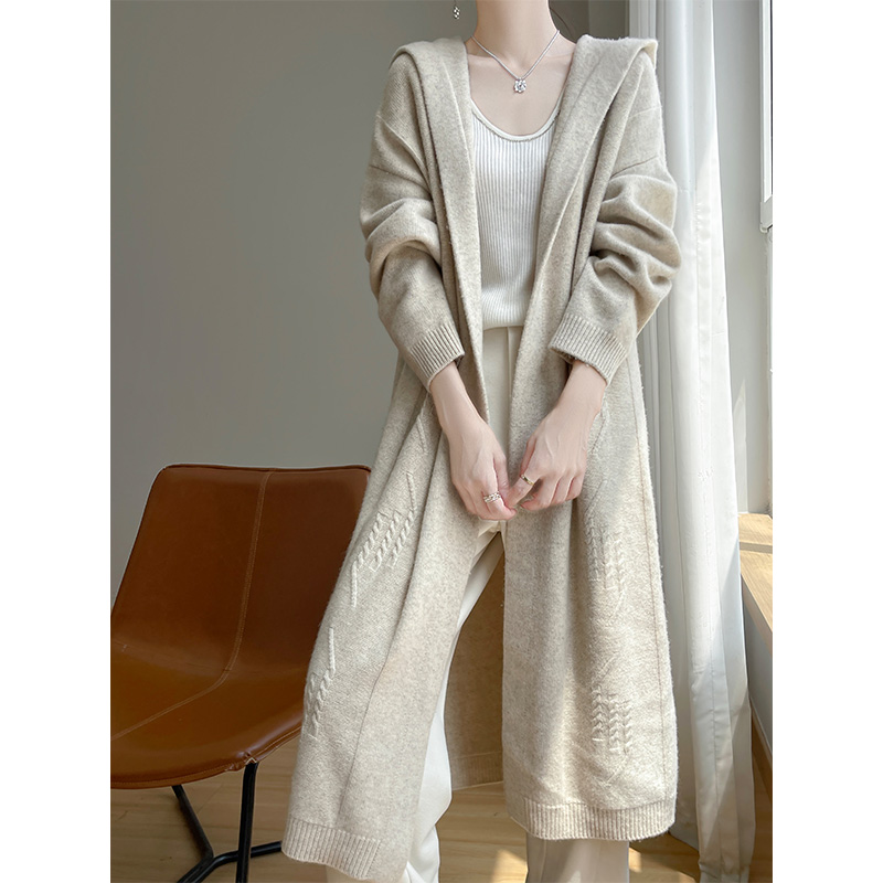 中长款连帽毛衣外套女秋冬宽松慵懒风加厚针织开衫麻花纯羊毛大衣