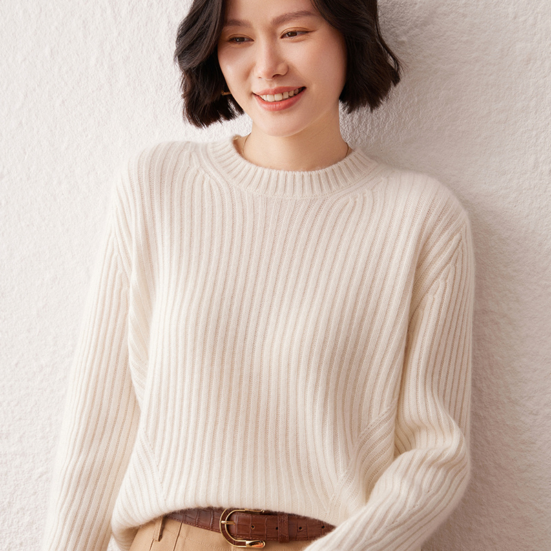 2024年秋冬新款纯色圆领套头条纹羊绒衫女装软糯舒适打底羊毛衫