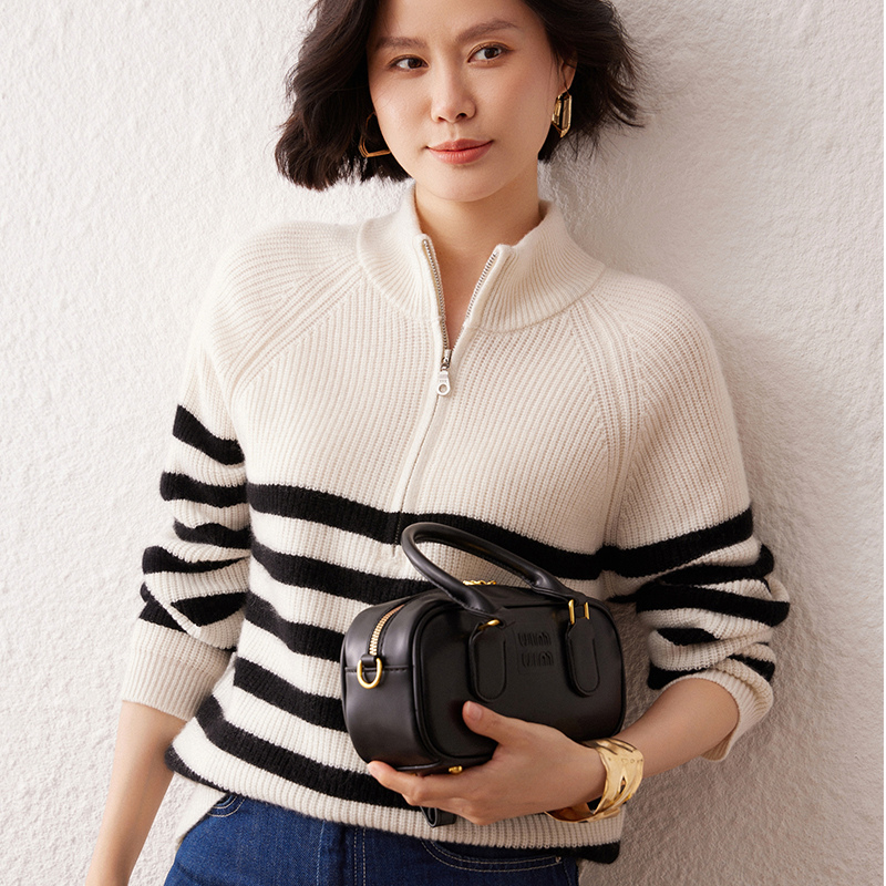 2024新款冬山羊绒衫女半高领长袖半拉链条纹针织打底保暖毛衣女