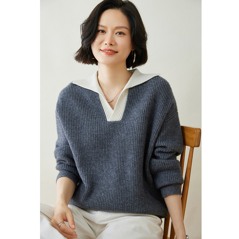 秋冬加厚100%羊绒衫女拼色Polo领套头毛衣宽松慵懒风羊毛针织上衣