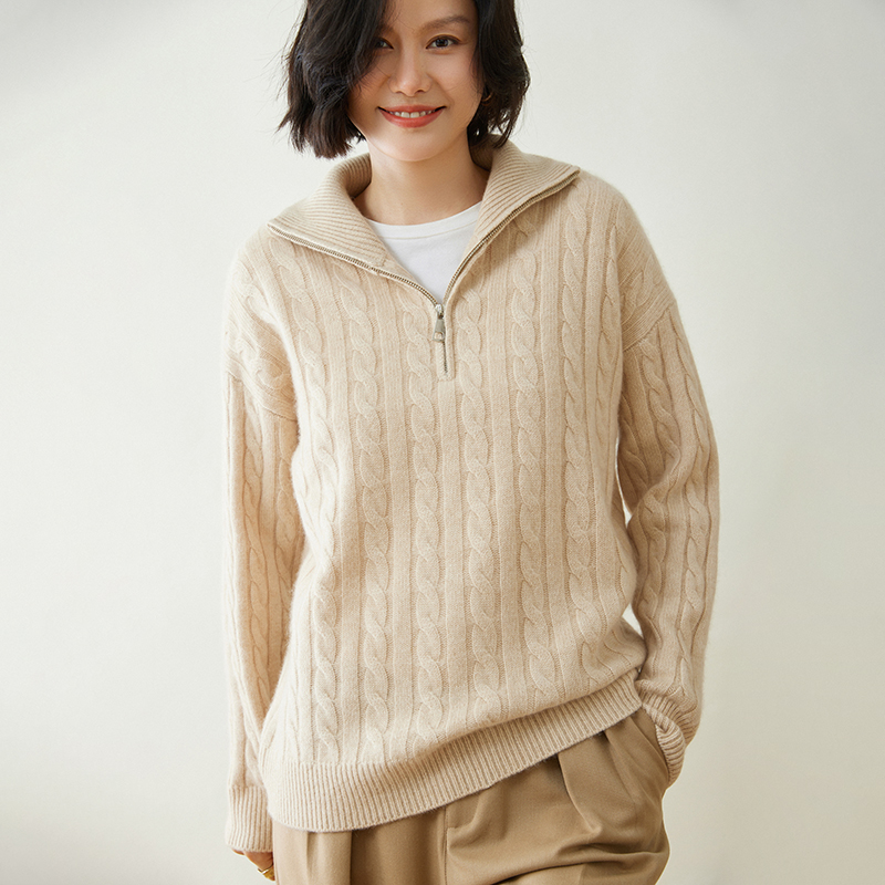 2024新款冬100%纯绒拉链半高领加厚山羊绒衫女宽松外套长袖毛衣