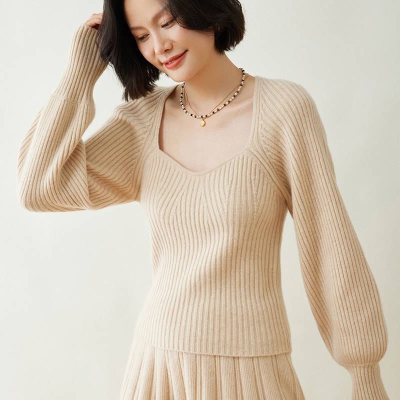 轻奢加厚V领羊绒衫女100纯羊绒24秋冬小众设计泡泡袖针织打底毛衣