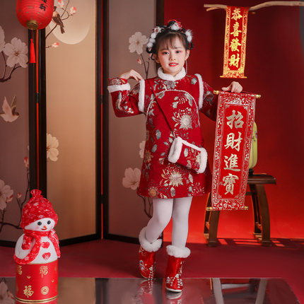 儿童唐装拜年旗袍女童过年服国风汉服冬款加棉加厚新年女宝连衣裙