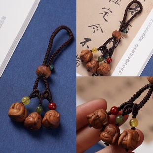 印度老山檀香木雕三不猴车钥匙扣猴子包包挂件搭配南红蜜蜡翡翠