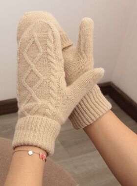 出口岛国双层加绒羊毛保暖全包可翻盖半指手套女加厚连指闷子手套