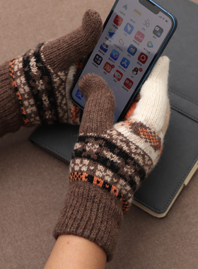 秋冬季羊毛加绒加厚翻盖触屏分指保暖森系男士针织防寒五指手套