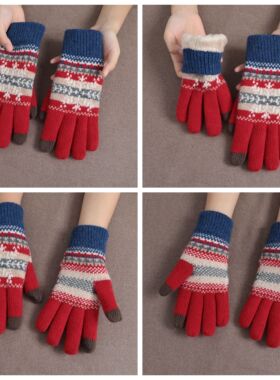 出口原单费尔岛提花纯羊毛针织保暖手套秋冬加厚加绒半指翻盖触屏