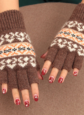 秋冬半指羊毛加厚加绒保暖手套复古针织女生写字办公防冻防寒手套