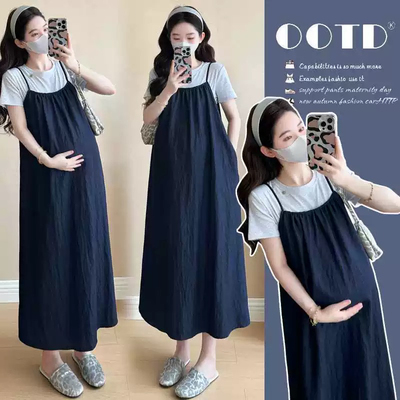 【MS母婴】2025夏季新款韩版时尚宽松大码孕妇两件套连衣裙