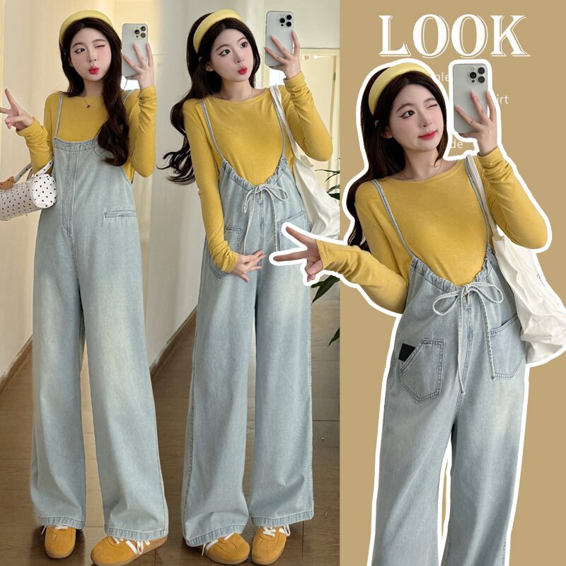 【MS母婴】孕妇装秋季孕妇时尚牛仔背带裤打底上衣甜美孕妇套装