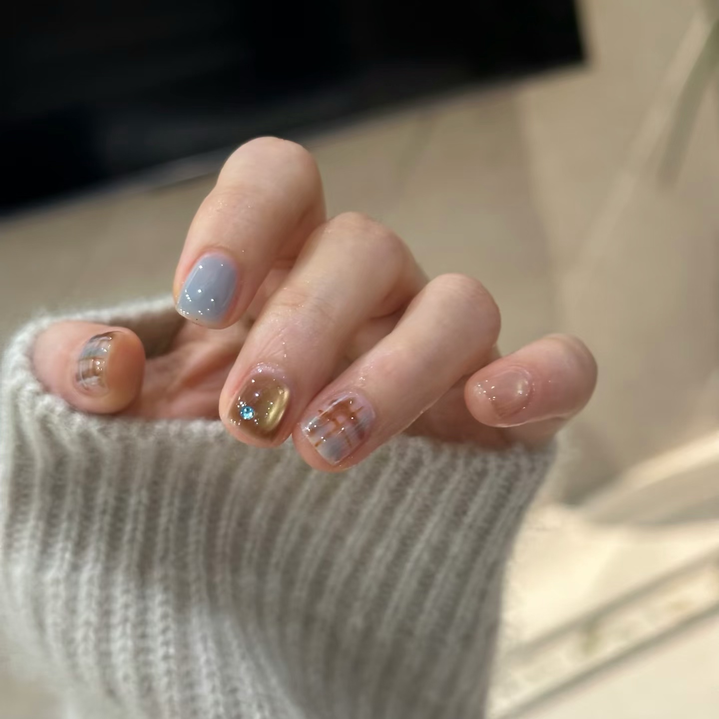 短款手工穿戴甲秋冬琥珀猫眼美甲