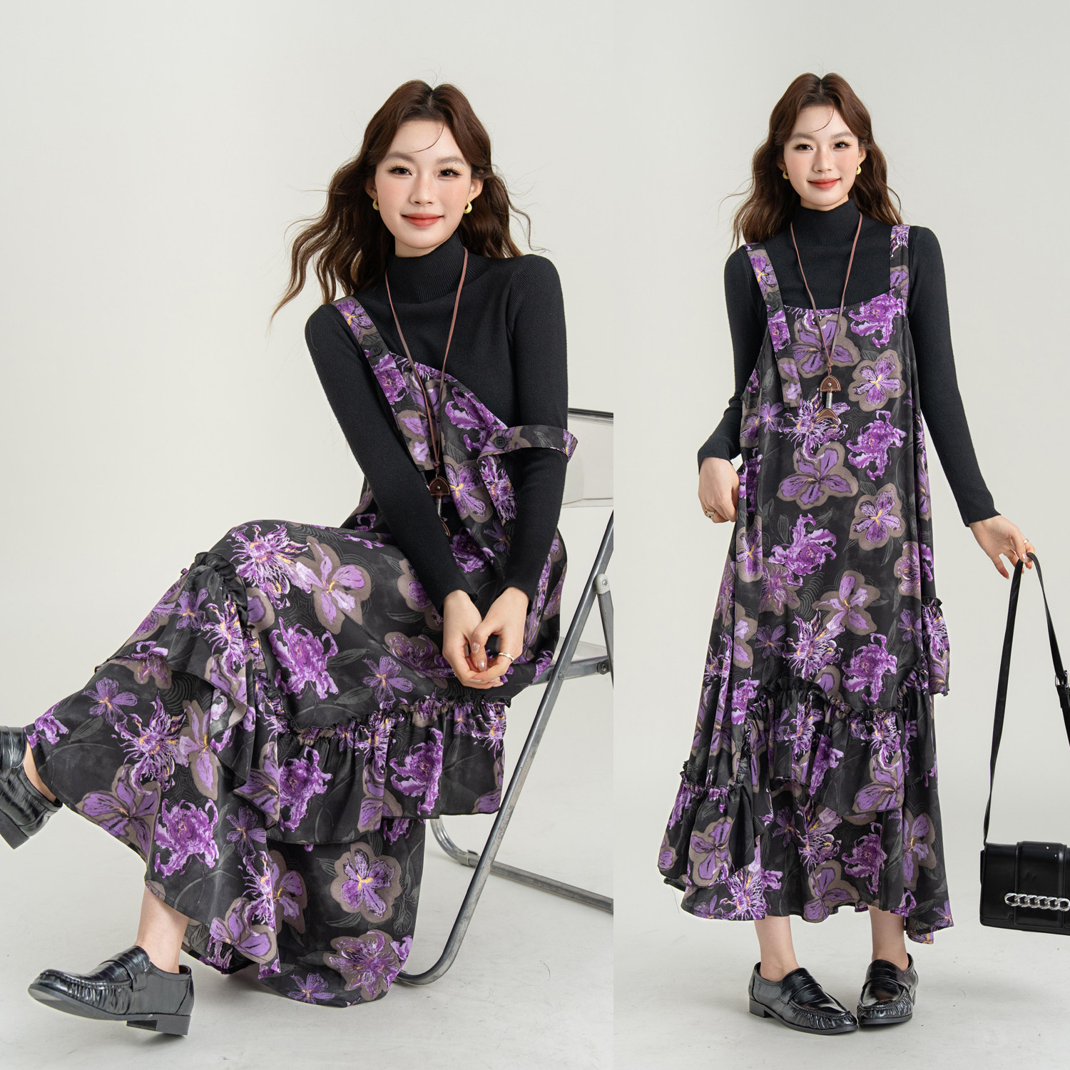 FC时髦艺术紫鸢花吊带连衣裙女秋季高级感不规则大摆背带裙套装