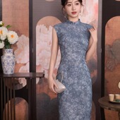高端女文艺年轻款 修身 碎花改良中国风新中式 复古蓝色旗袍2026新款