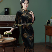 高端阔太太旗袍2024年秋上新披肩两件套丝绒日常修身 显瘦气质长款