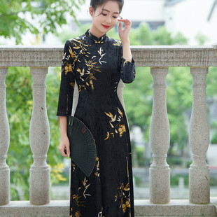 妈妈春秋装时尚改良旗袍中年女装新款连衣裙黑色气质丝绒中式裙子