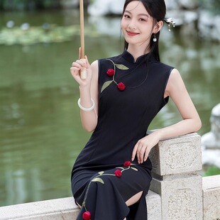 黑色罗马棉旗袍2025新款国风少女年轻款复古新中式显瘦长款连衣裙