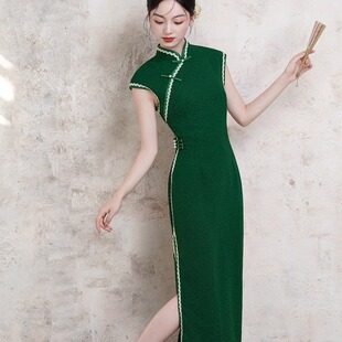 长款 女复古修身 改良短袖 年轻款 日常可穿 旗袍2025新款 绿色国风中式