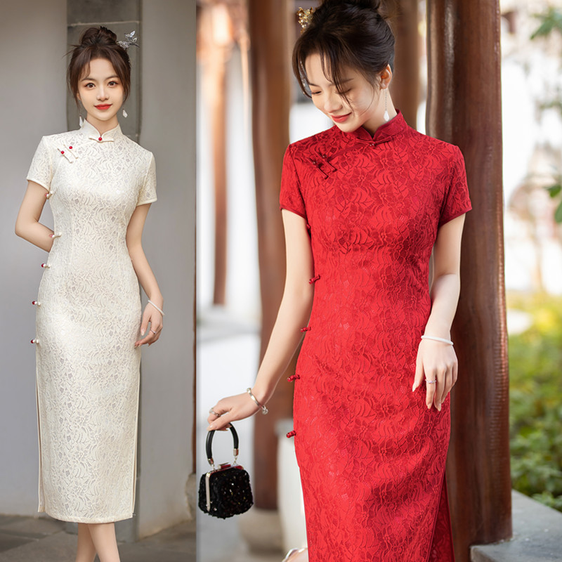白色旗袍订婚礼服裙日常可穿蕾丝2024女登记领证红色回娘家小个子