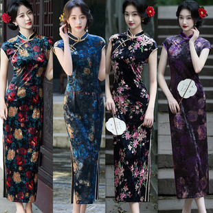 老上海丝绒长款旗袍年轻无袖女装日常弹力礼服显瘦高级国风连衣裙