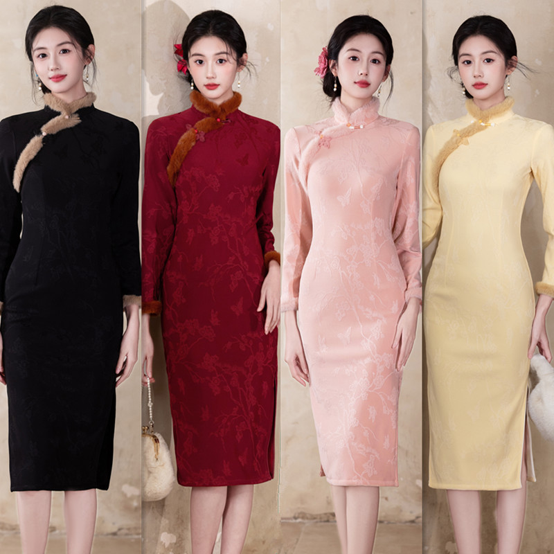 2025秋冬新品黑色毛领保暖日常中长款小个子旗袍复古修身加绒加厚