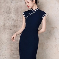 藏青旗袍復(fù)古氣質(zhì)連衣裙2025新款夏季長款新中式少女年輕款學(xué)生裝