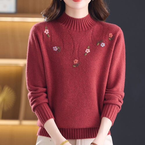 100%羊绒衫女半高领绣花针织衫毛衣秋冬季中年妈妈装套头打底上衣
