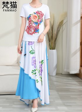 梵猫品牌大码民族风女套装2024年春夏装刺绣牡丹短袖T恤时尚长裙