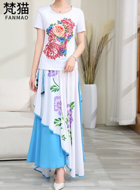 梵猫品牌大码民族风女套装2023年春夏装刺绣牡丹短袖T恤时尚长裙