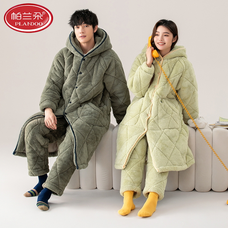 帕兰朵情侣睡袍冬季三层加厚夹棉睡衣男女士中长款珊瑚绒连帽套装