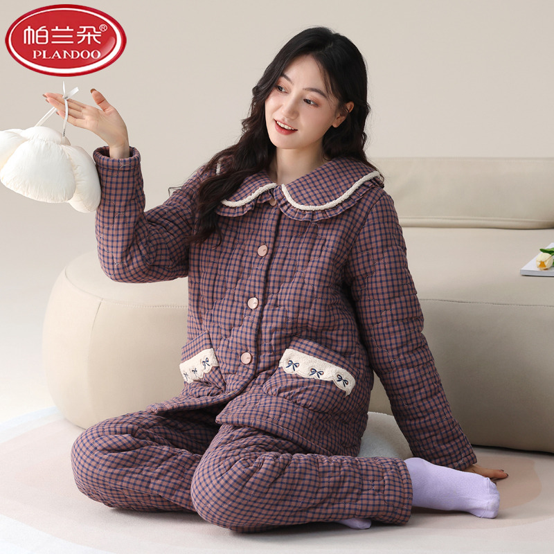 帕兰朵睡衣女士冬季三层加厚加绒梭织纯棉夹棉袄女款秋冬款珊瑚绒