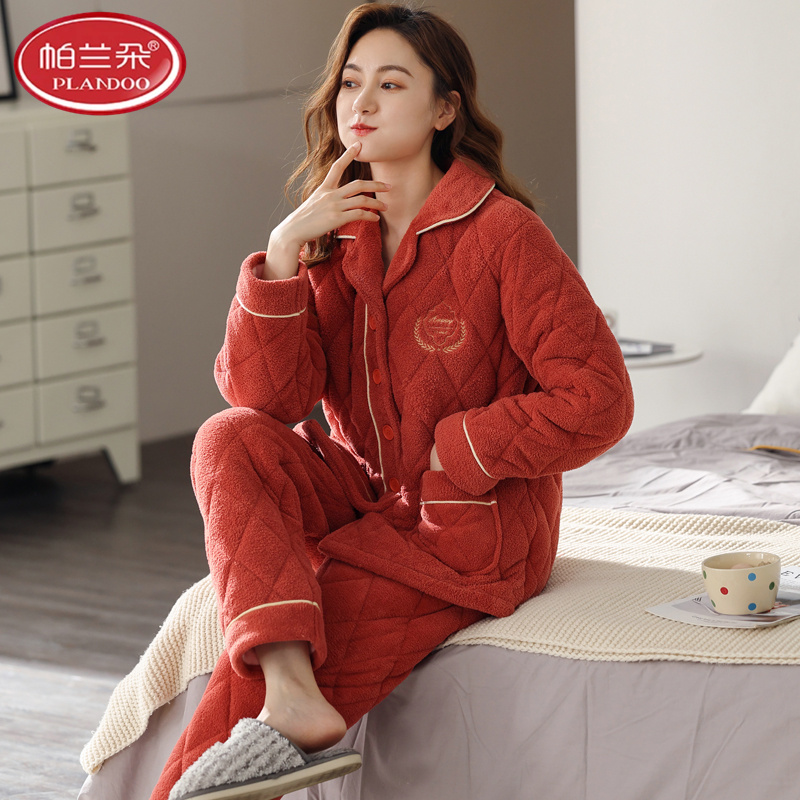 帕兰朵珊瑚绒睡衣女冬季加绒加厚三层夹棉可外穿秋冬款家居服套装