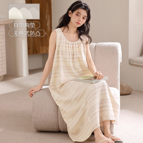 帕兰朵100%纯棉女士睡衣夏季全棉休闲背心睡裙吊带带胸垫宽松居家
