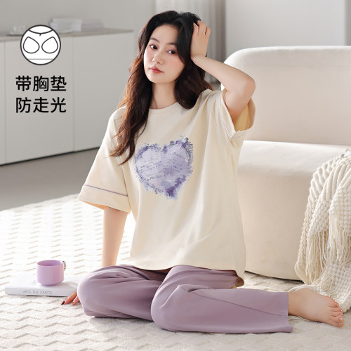 帕兰朵带胸垫睡衣女全棉新款夏季100%纯棉短袖长裤大码家居服套装