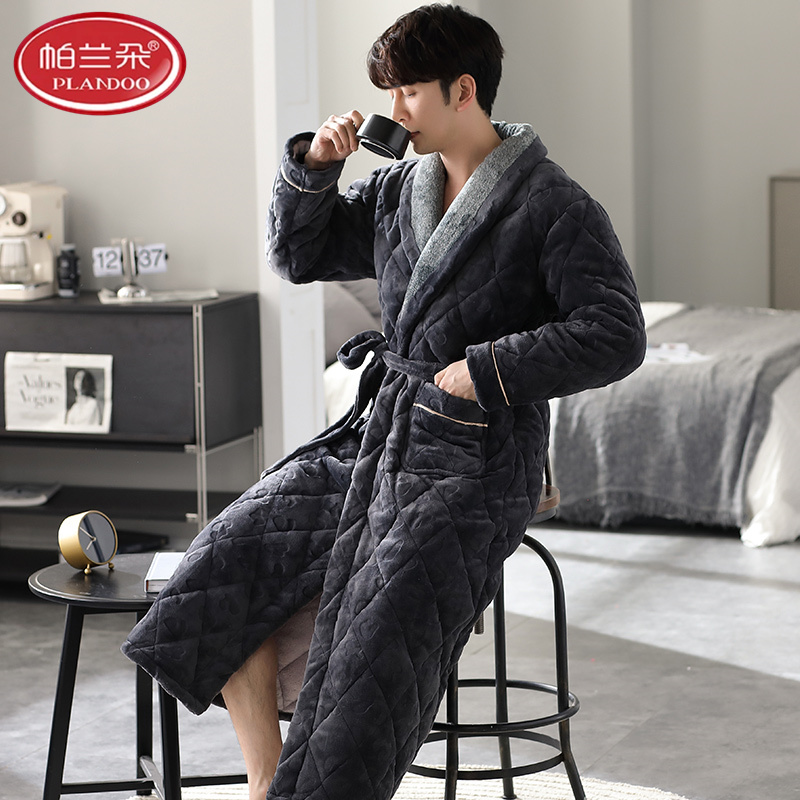 帕兰朵珊瑚绒男士三层夹棉睡衣睡袍冬季新款加厚保暖袄浴袍法兰绒