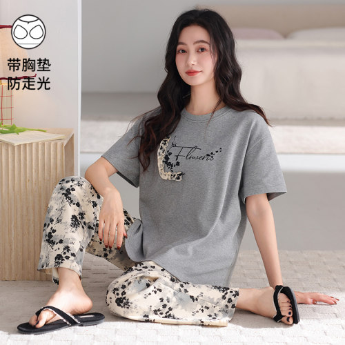 帕兰朵100%纯棉睡衣夏季女士短袖长裤薄款全棉带胸垫家居服可外穿