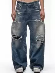 High-End No Faith Studios Distressed Ripped Washed Dirty Blue Wide-Leg Scimitar Baggy Jeans