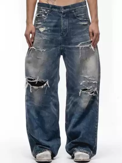 High-End No Faith Studios Distressed Ripped Washed Dirty Blue Wide-Leg Scimitar Baggy Jeans