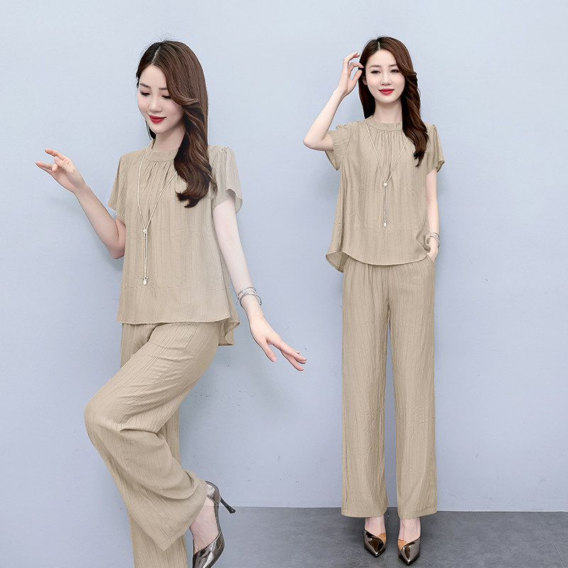 2025夏季遮肉大码女装休闲套装洋气减龄显瘦短袖上衣阔腿裤两件套
